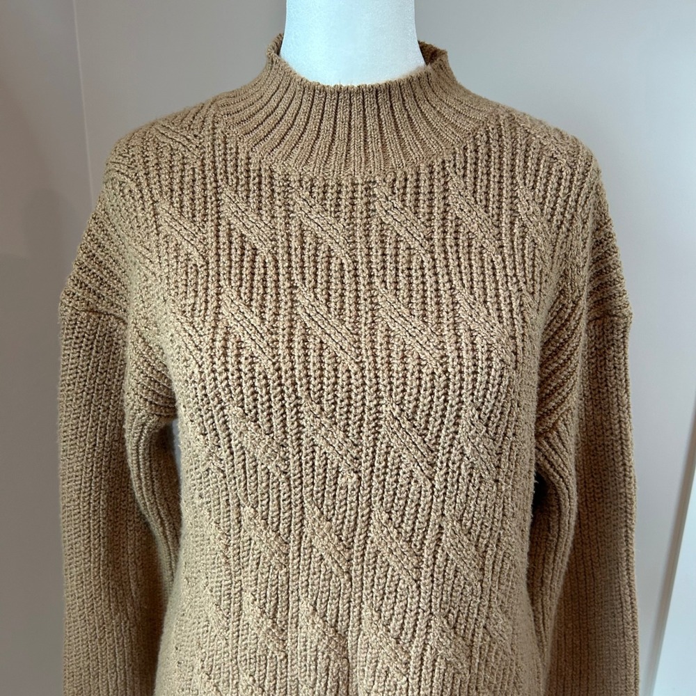 J.Crew Womens Mock Neck Diagonal Cable Knit Sweater Camel Tan Brown Small - Picture 2 of 7